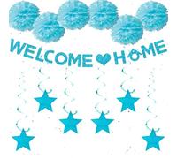 Wylario Welcome Home Decorations Banner - Blue Welcome Home Banner Hanging Swirl Foil Streamers Tissue Paper Pom Poms, Welcome Back Theme Party Supplies for Return Home Housewarming Family Reunion