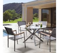Wyld and Coco 120cm Round Outdoor Dining Table Clear Tempered Glass Top Silver Wyld and Coco Silver