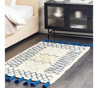 Wyld and Coco Beige Cotton Rug Hand Tufted Geometric Design Cobalt Blue Tassels | Size: 80 cm x 150 cm Wyld and Coco Beige 80 cm x 150 cm