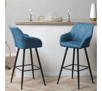 Wyld and Coco Blue Diamond Stitched Bar Stool Set of 2 Padded Back Black Metal Wyld and Coco Blue