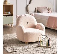 Wyld and Coco Cat Shaped Kids Armchair Off-White Bouclé Low Rubberwood Chair in White Wyld and Coco White