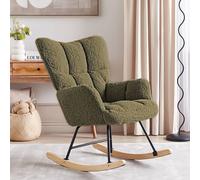 Wyld and Coco Dark Green Boucle Rocking Armchair Biscuit Tufted Wooden Legs Wyld and Coco Green