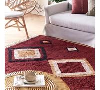 Wyld and Coco Hand Tufted Cotton Area Rug 140x200 cm Red Diamond Pattern Tassels | Size: 140 cm x 200 cm Wyld and Coco Red 140 cm x 200 cm