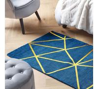 Beliani Modern Glam Blue Area Rug With Gold Geometric Grid, Handloomed Viscose-Cotton 80 X 150 Cm