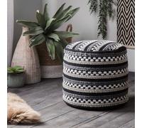 Wyld and Coco Handwoven Black-and-White Cotton-Wool Braided Macramé Pouffe in Black Wyld and Coco Black