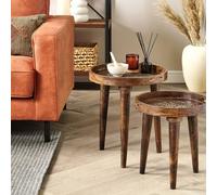 Wyld and Coco Heritage Dark Mango Nest of 2 Handmade Distressed Side Tables in Brown Wyld and Coco Brown