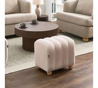 Wyld and Coco Off-White Boucle Pouffe - Round Wooden Legs Ribbed Upholstered Ottoman in White Wyld and Coco White