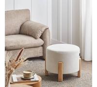 Wyld and Coco Off White Chenille Round Pouffe Upholstered Seat Eucalyptus Legs Wyld and Coco White