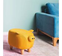 Wyld and Coco Pig-Shaped Kids Stool - Yellow Fabric Solid Rubberwood Legs Wyld and Coco Yellow