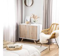 Wyld and Coco Retro Sideboard White and Light Brown Veneer Pine Legs 2 Doors Wyld and Coco White