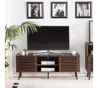 Beliani Retro Tv Stand Dark Brown - Supports Up To 63 Inch Tv, Slatted Sliding Doors, Solid Wood Legs