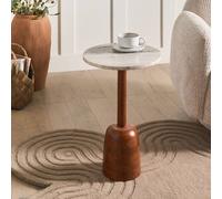 Wyld and Coco Round Side Table - Mango Wood Base Marble Top Walnut Veneer Brown Wyld and Coco Brown