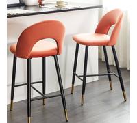 Wyld and Coco Set of 2 Coral Red Velvet Bar Chairs Black Steel Gold Ends Retro Wyld and Coco Red