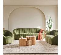 Wyld and Coco Six-Seater Velvet Sofa Dark Green Tufted Low Back Wyld and Coco Green