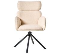 Wyld And Coco Swivel Dining Chair Light Beige Bouclé Upholstery With Rotating Iron Base - High Back, Curved Arms