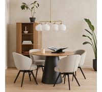 Wyld Haus Auckland 120Cm Round Dining Set Oak Effect Table With Black Base And 4 Beige Swivel Chairs