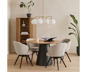 Wyld Haus Auckland 120Cm Round Dining Set Oak Effect Table With Black Base And 4 Beige Swivel Chairs