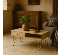 Wyld Haus Bali Mango Wood Coffee Table Light Natural With Gold Inlay, 1 Drawer & Open Shelf