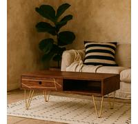 Wyld Haus Bandung Dark Mango Wood And Gold Rectangular Coffee Table 1 Drawer 1 Open Shelf