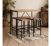 Wyld Haus Barbados 4-Seater Natural Oak Effect Bar Table Set With Bench & 2 Stools, Black Steel Frame
