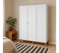 Wyld Haus Basel 3-Door Wardrobe In Light Grey With Oak Legs, Shelves, Drawer And Hanging Rail