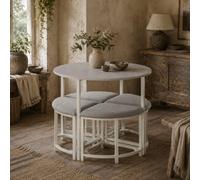 Wyld Haus Bavino 5-Piece Round Dining Set - Grey Upholstered Stools With White Steel Frame, 900mm Table.