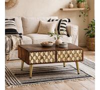 Wyld Haus Beijing Mango Wood Coffee Table, 2 Drawers, Gold Geometric Pattern