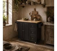 Wyld Haus Black Rolling Kitchen Island Drop Leaf Drawers Towel & Spice Racks Wyld Haus Black