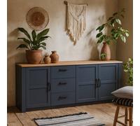 Wyld Haus Bramblecroft Large Navy Sideboard With Natural Oak Top 3 Door 3 Drawer