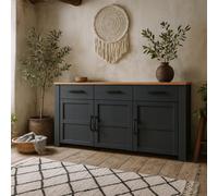 Wyld Haus Bramblecroft Wide Sideboard In Navy With Natural Oak Top 3 Door 3 Drawer