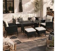 Wyld Haus Coma 7-Seater Black Pe Rattan Garden Sofa Set With Cream Cushions, Footstools And Glass Dining Table