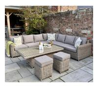 Wyld Haus Costa Outdoor Large Cream Wicker Corner Set With Glass Riser Table And 2 Stools
