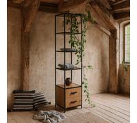 Wyld Haus El Paso Bookcase Black Metal Frame With Wild Oak Veneer, 3 Shelves 2 Drawers