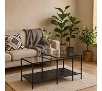 Wyld Haus El Paso Set Of 2 Nesting Coffee Tables, Clear Tempered Glass Top & Matte Black Metal Frame
