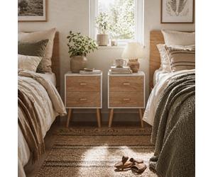 Wyld Haus Elco Set Of 2 Bedside Tables With 2 Drawers, Natural And White, Angled Legs - Compact Nightstands