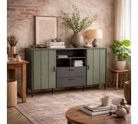Wyld Haus Elowynd Olive Green And Grey Panelled Sideboard 2 Doors 2 Drawers 3 Shelves
