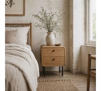 Wyld Haus Fafile Lesu Oak Finish Bedside Table With 2 Drawers And Black Steel Legs, 40W X 36D X 50H Cm
