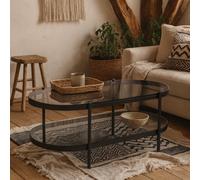 Wyld Haus Featheroak Grey Smoked Glass Oval Coffee Table With Black Metal Legs