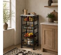 Wyld Haus Fimado 4-Basket Mobile Kitchen Trolley With Marble-Effect Top And Locking Wheels - Light Grey And Black