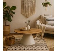 Wyld Haus Hamburg Low Round Oak Veneer Coffee Table With Grey Steel Pillar Base