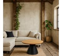 Wyld Haus Hamburg Round Oak Veneer Coffee Table 85Cm Black Steel Pillar Base