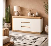Wyld Haus Hjorring Natural Oak Wood And White Sideboard 2 Doors 3 Drawers