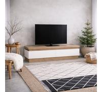 Wyld Haus Hjorring Tv Cabinet White Gloss With Natural Oak 2 Drawer
