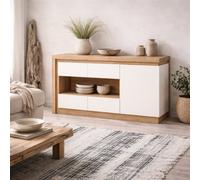 Wyld Haus Hjorring White Gloss And Natural Oak Wood Minimalist Sideboard 3 Doors With Led Lights