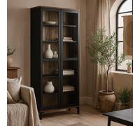 Wyld Haus Indigo Large Glazed Display Cabinet, 2 Doors, Black & Walnut Effect, 5 Shelves