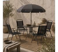 Wyld Haus Jattare 4-Seater Folding Metal And Mesh Garden Dining Set With Parasol, Black/coffee