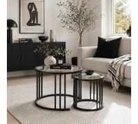 Wyld Haus Kane Set Of 2 Black Round Nesting Tables With Tempered Glass Tops And Carbon Steel Frames