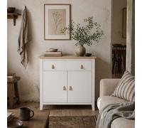 Wyld Haus Kesora Lela Farmhouse Sideboard - White Body With Natural Oak-Effect Top And Faux Leather Handles