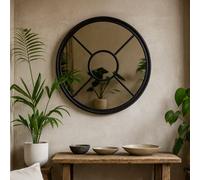 Wyld Haus Large Black Industrial Round Wooden Windowpane Mirror 1000mm