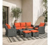 Wyld Haus Lerami 7-Seater Rattan Outdoor Set - Reclining Armchairs, Sofa, Orange Cushions